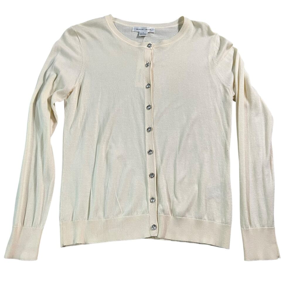 AUGUST SILK Ivory Cotton Blend Cardigan Rhinestone Buttons Women's Medium NWT